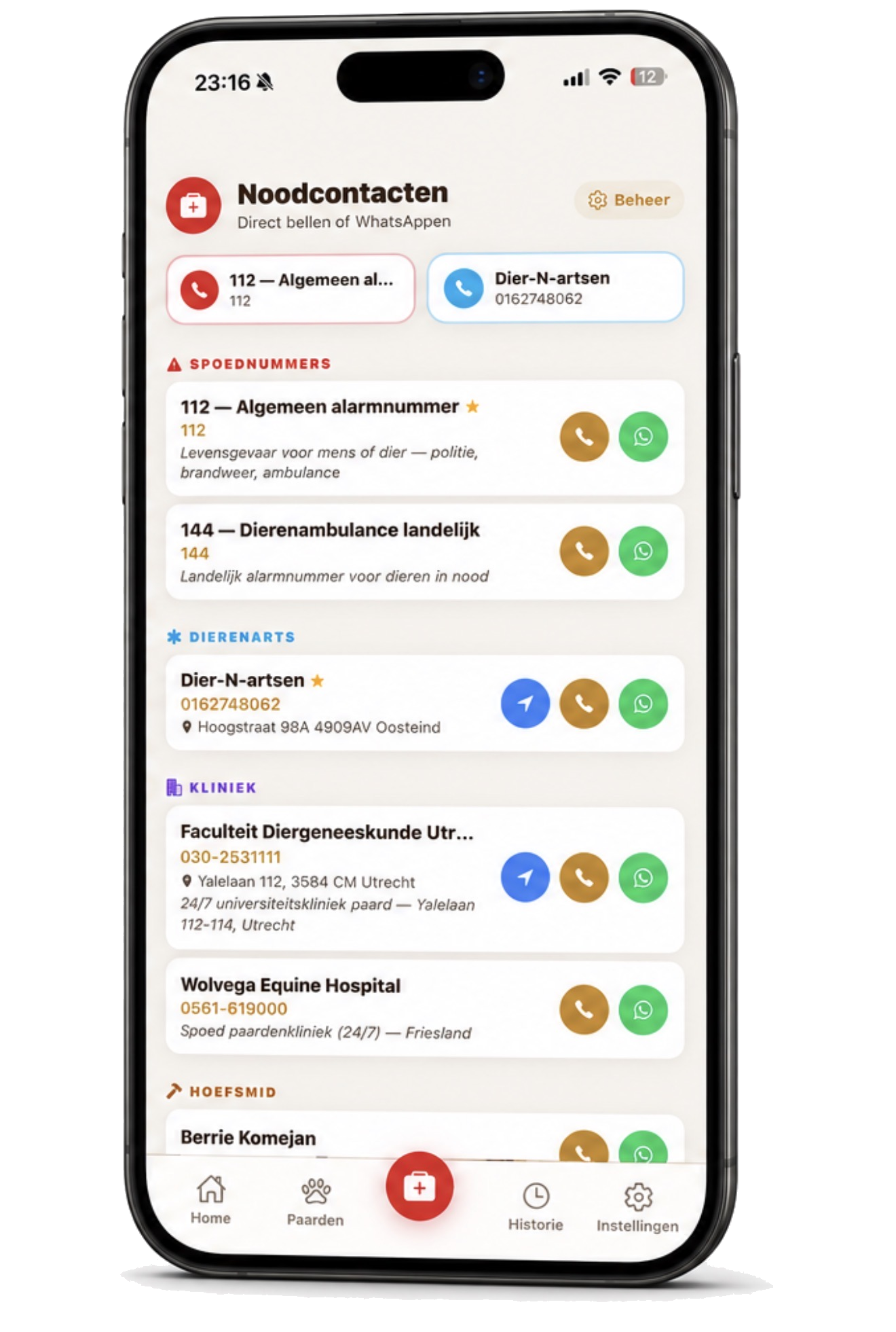 Noodcontacten — direct bellen, WhatsAppen of navigeren naar dierenarts, kliniek en hoefsmid